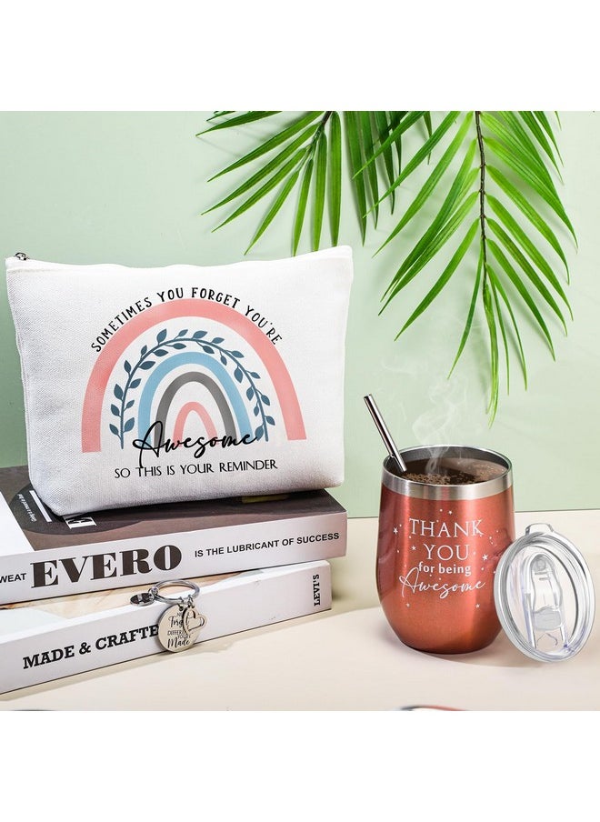 Sieral Thank You Gifts for Women Christmas Employee Appreciation Gifts Thank You for Being Awesome 12oz Stainless Steel Tumbler Keychain Makeup Bag for Team Coworker Staff(Rainbow)