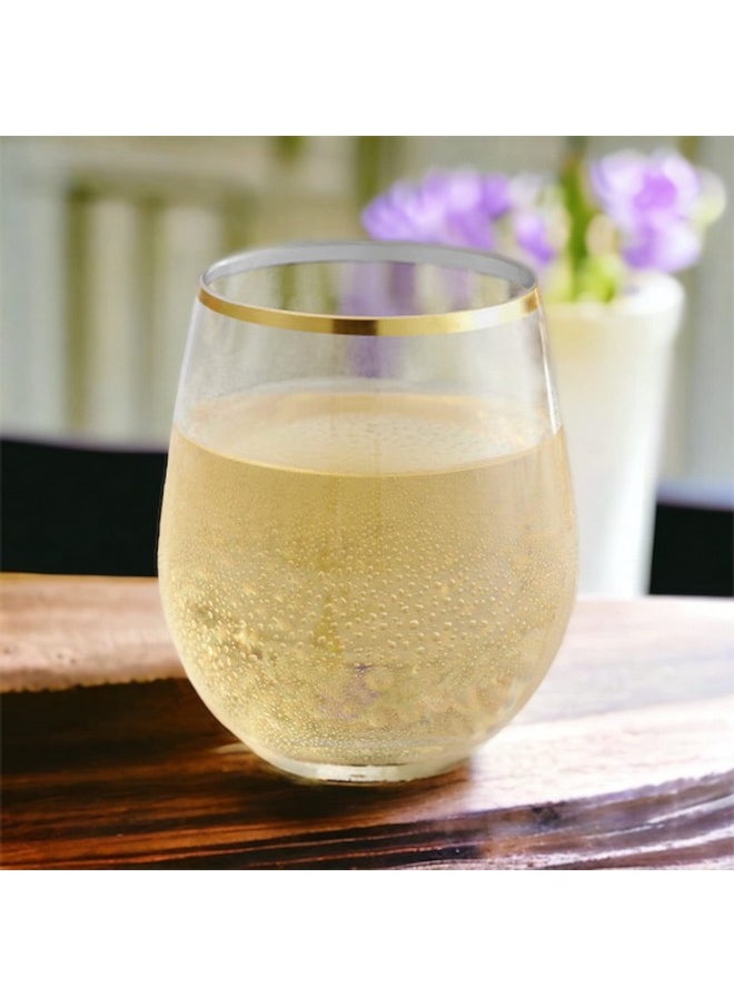 48 piece Stemless Unbreakable Crystal Clear Plastic Wine Glasses Set of 48 (10 Ounce - Gold Rim)