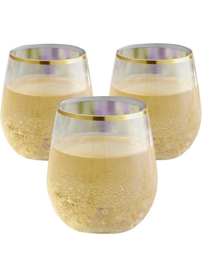 48 piece Stemless Unbreakable Crystal Clear Plastic Wine Glasses Set of 48 (10 Ounce - Gold Rim)