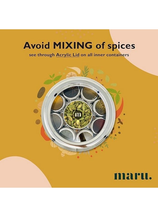 MARU 9 in 1 Spice Box Stainless Steel stylish Extra Large | Masala Box for Kitchen Steel | Masala Dabba Steel | Masala Dani for Kitchen | See through lid 9 containers, 3 Spoons(22.5cms) Silver