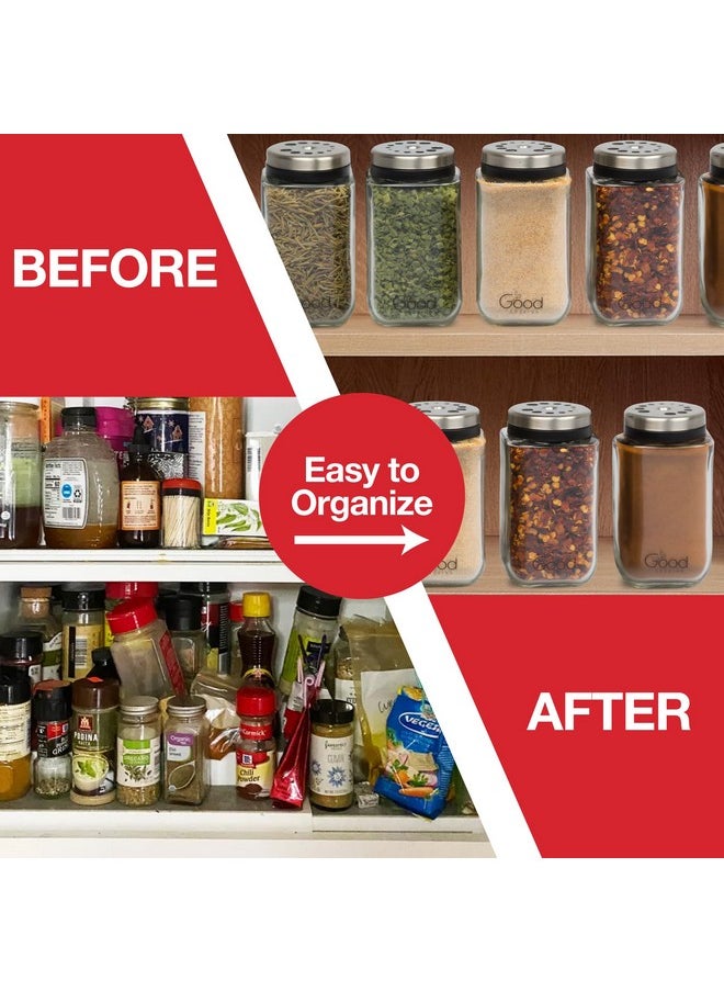 Adjustable Glass Spice Jars (Set of 6) with 6 Pouring Sizes- Stainless Steel Lid/Cap- Square Seasoning Bottle Containers for Minimalist Kitchen Pantry Storage Organization- Fill Shaker w Salt Pepper