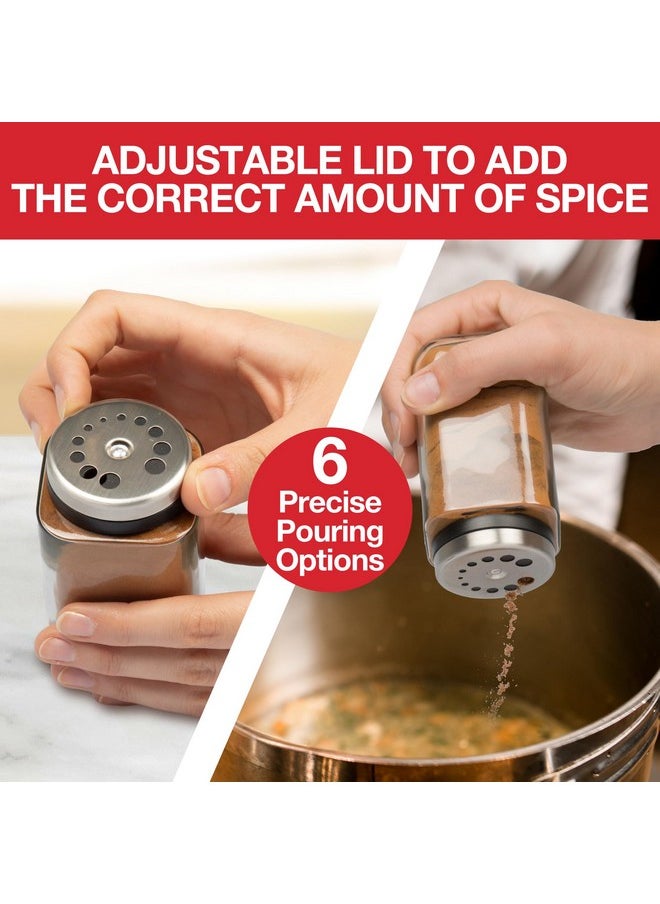 Adjustable Glass Spice Jars (Set of 6) with 6 Pouring Sizes- Stainless Steel Lid/Cap- Square Seasoning Bottle Containers for Minimalist Kitchen Pantry Storage Organization- Fill Shaker w Salt Pepper