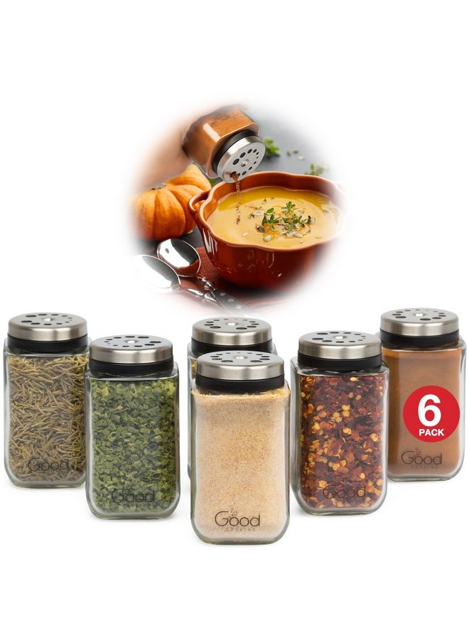Adjustable Glass Spice Jars (Set of 6) with 6 Pouring Sizes- Stainless Steel Lid/Cap- Square Seasoning Bottle Containers for Minimalist Kitchen Pantry Storage Organization- Fill Shaker w Salt Pepper