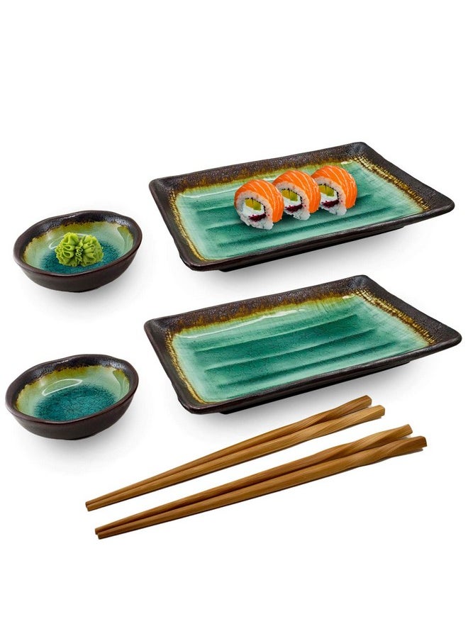 Happy Sales HSST-6CDTQDR 6 PC Japanese Sushi Plate Dinnerware Set Green Ocean, Turquoise