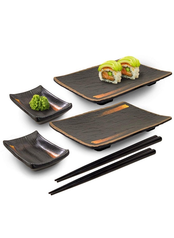 Happy Sales HSMSP-GLDBRU, Japanese Style 6 Piece Perfect Sushi Set for Two Melamine Sushi Plates Sauce Dish and Chopsticks Dinnerware Set, Gold Brush