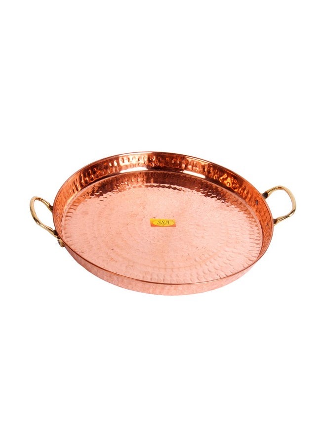 SHIV SHAKTI ARTS® Handmade Pure Copper Big Cu Platter/Serving Plate Tray Hammered Design with Brass Handle Dinnerware, Homeware, Kitchenware::Set of 1