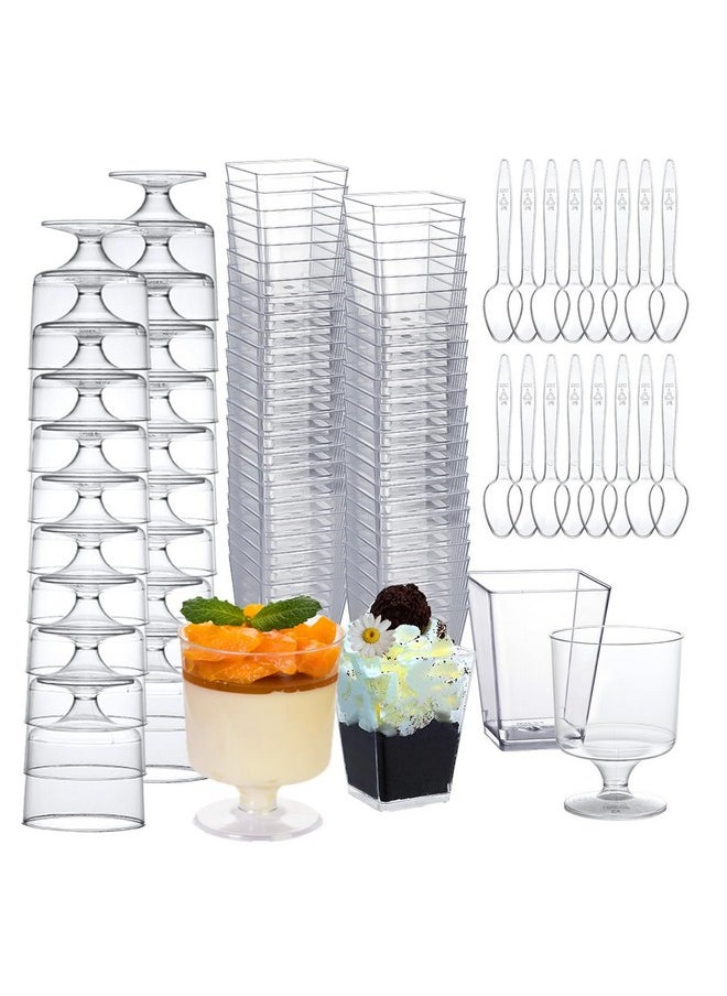 mwellewm 300 Packs Dessert Cups with Spoons, 5 OZ Mini Clear Plastic Dessert Parfait Cup for Party, Square Dessert Shot Glasse Round Goblet Small Reusable Fruit Ice Cream Pudding Appetizer Cup Bowls