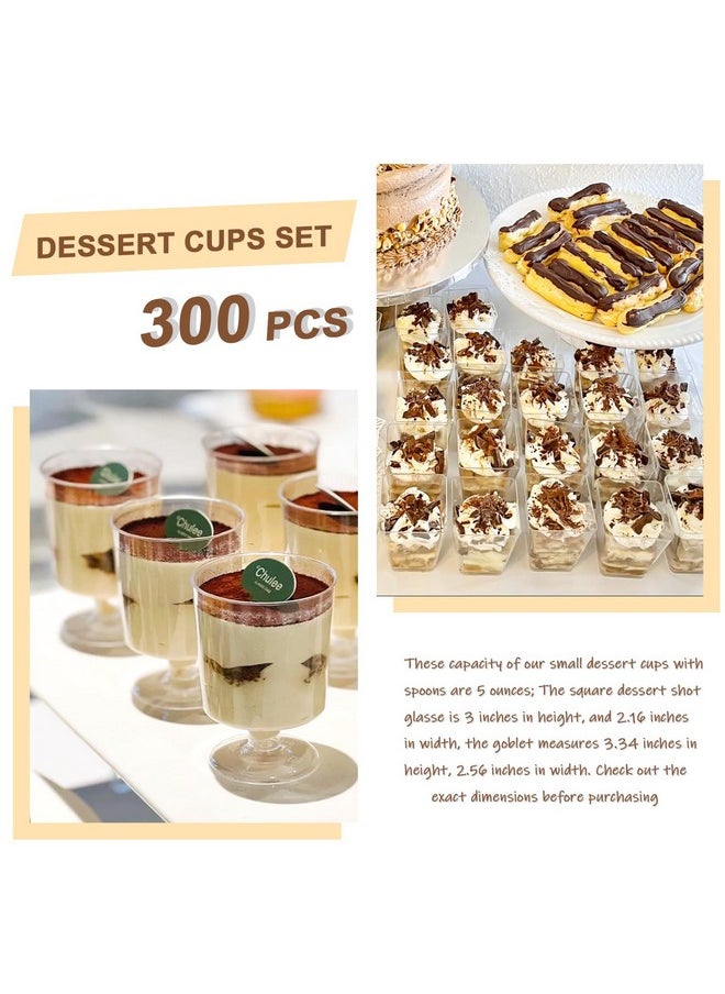 mwellewm 300 Packs Dessert Cups with Spoons, 5 OZ Mini Clear Plastic Dessert Parfait Cup for Party, Square Dessert Shot Glasse Round Goblet Small Reusable Fruit Ice Cream Pudding Appetizer Cup Bowls