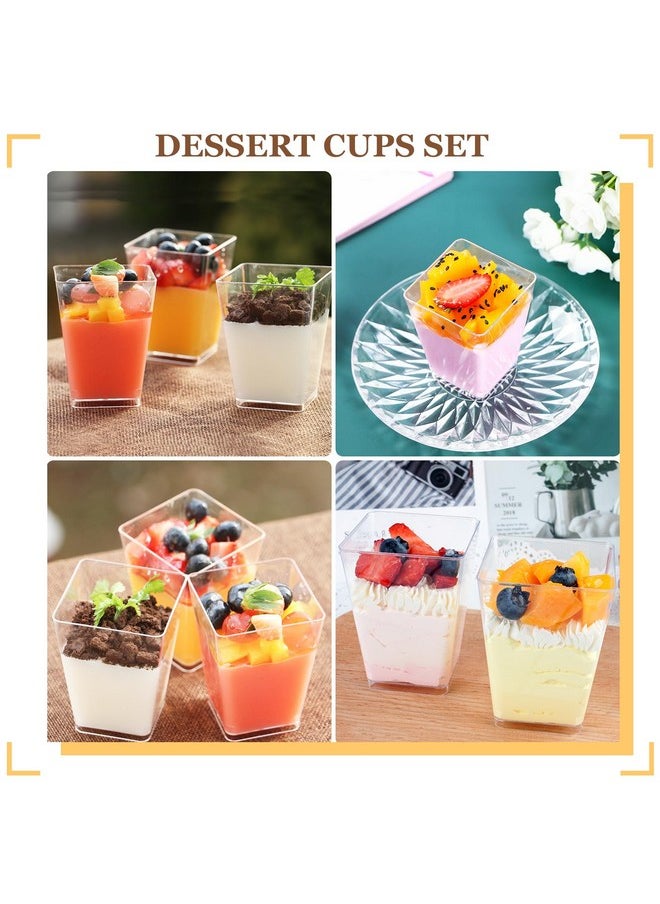 mwellewm 300 Packs Dessert Cups with Spoons, 5 OZ Mini Clear Plastic Dessert Parfait Cup for Party, Square Dessert Shot Glasse Round Goblet Small Reusable Fruit Ice Cream Pudding Appetizer Cup Bowls