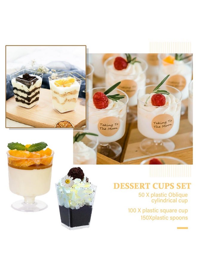 mwellewm 300 Packs Dessert Cups with Spoons, 5 OZ Mini Clear Plastic Dessert Parfait Cup for Party, Square Dessert Shot Glasse Round Goblet Small Reusable Fruit Ice Cream Pudding Appetizer Cup Bowls