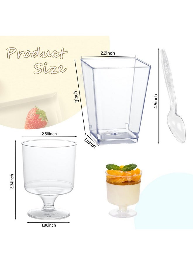 mwellewm 300 Packs Dessert Cups with Spoons, 5 OZ Mini Clear Plastic Dessert Parfait Cup for Party, Square Dessert Shot Glasse Round Goblet Small Reusable Fruit Ice Cream Pudding Appetizer Cup Bowls