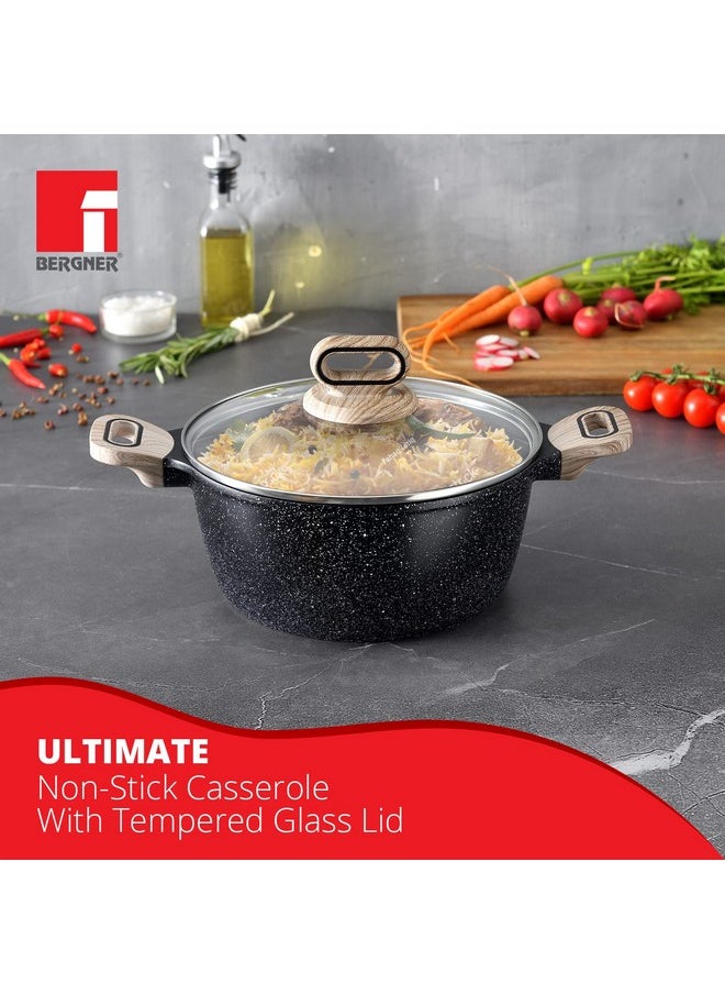 Bergner Ultimate Non Stick Casserole/Briyani Pot/Handi with Glass Lid, 28 cm, 6 litres, Induction Base, Wooden Soft Touch Handle, Food Safe (PFOA Free), Thickness 4.5mm, Gas Ready