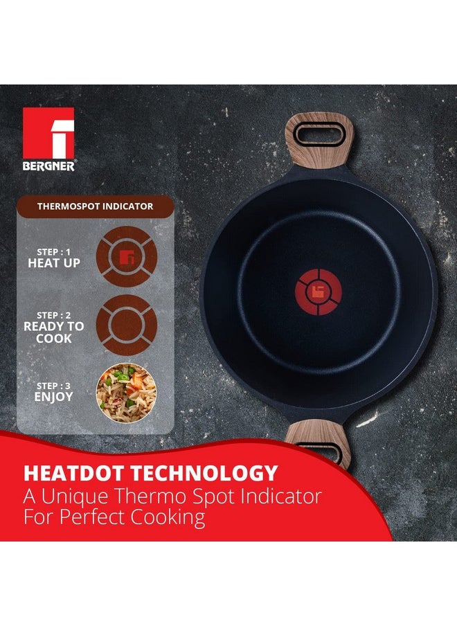 Bergner Ultimate Non Stick Casserole/Briyani Pot/Handi with Glass Lid, 28 cm, 6 litres, Induction Base, Wooden Soft Touch Handle, Food Safe (PFOA Free), Thickness 4.5mm, Gas Ready