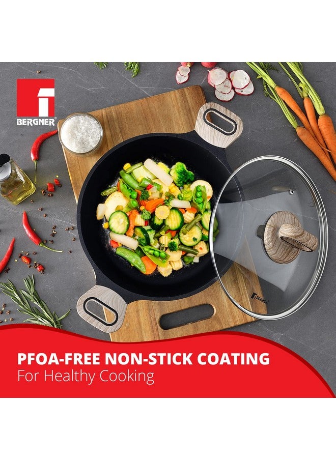 Bergner Ultimate Non Stick Casserole/Briyani Pot/Handi with Glass Lid, 28 cm, 6 litres, Induction Base, Wooden Soft Touch Handle, Food Safe (PFOA Free), Thickness 4.5mm, Gas Ready
