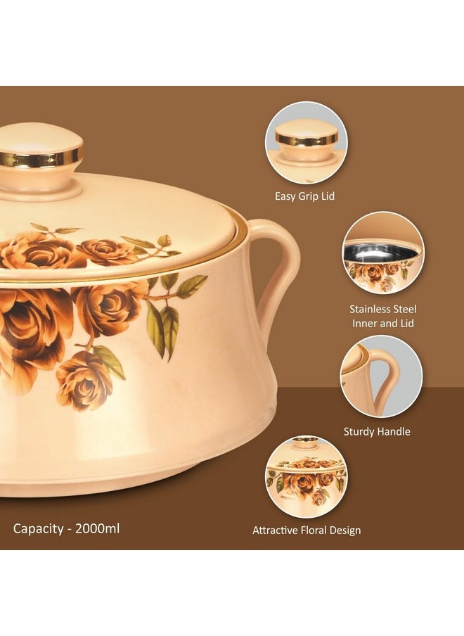 Nayasa Lorenzo Casserole 2000 ML | Thermoware Insulated Casserole with Stainless Steel Inner | Elegant Design | Serveware | Side Handles | Easy to Carry | Beige