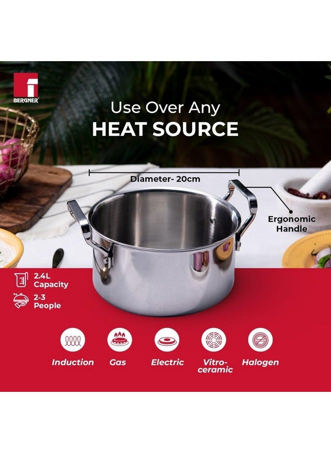 Bergner Tripro Tri-Ply Cook and Serve 20 cm Casserole/Biryani Pot/Handi with Stainless Steel Lid, 3.5 litres Triply Casserole with Lid, Induction Bottom and Gas Ready (5-Year Warranty by Bergner)