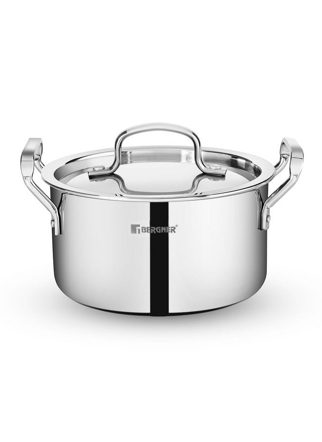 Bergner Tripro Tri-Ply Cook and Serve 20 cm Casserole/Biryani Pot/Handi with Stainless Steel Lid, 3.5 litres Triply Casserole with Lid, Induction Bottom and Gas Ready (5-Year Warranty by Bergner)