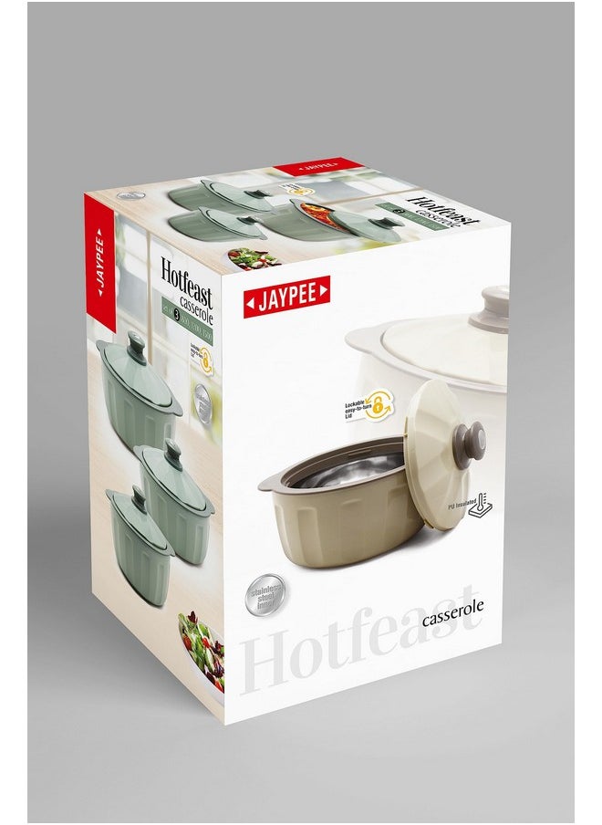 JAYPEE HOTFEAST Inner Stainless-Steel Insulated Casserole (800+1200+1500) ml Set of 3 with Lockable Lid, BPA Free Set |Serving Set | Ideal for Warm & Fresh Food, Green