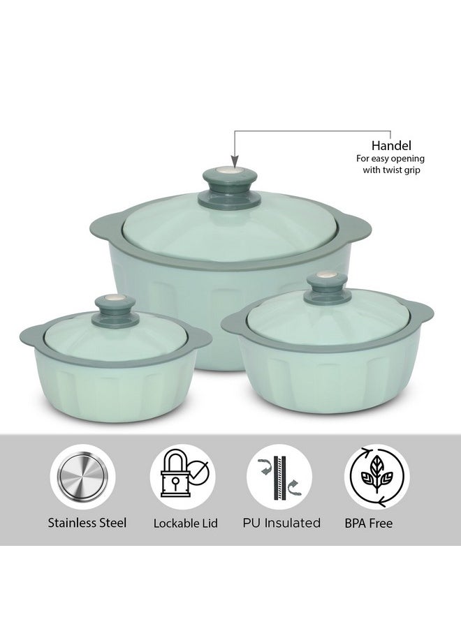 JAYPEE HOTFEAST Inner Stainless-Steel Insulated Casserole (800+1200+1500) ml Set of 3 with Lockable Lid, BPA Free Set |Serving Set | Ideal for Warm & Fresh Food, Green