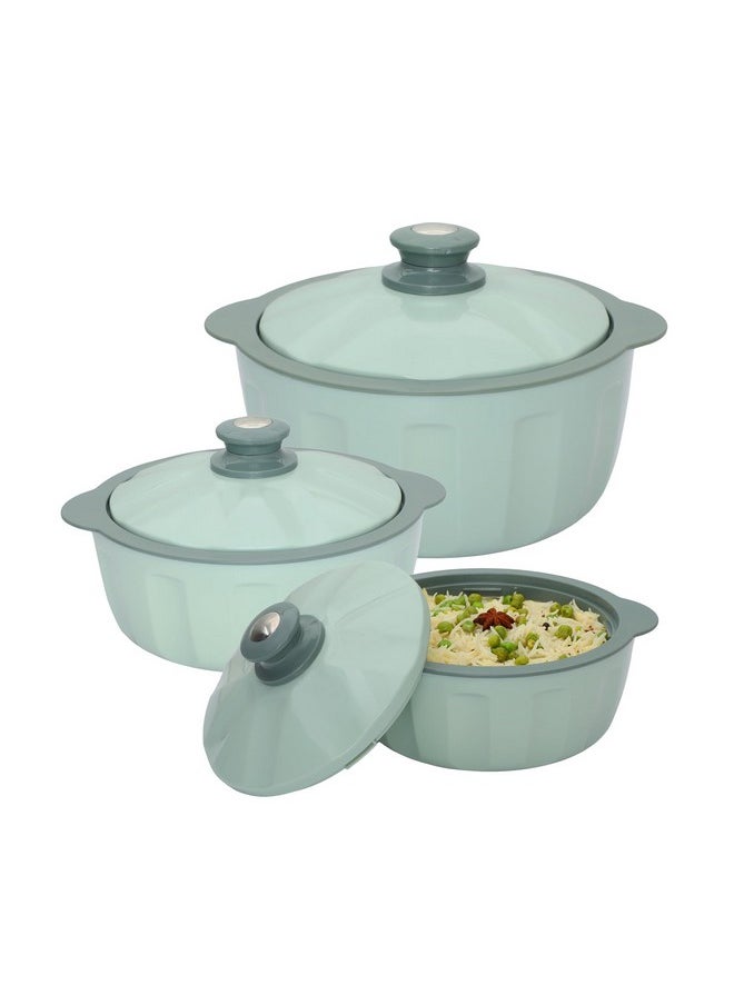 JAYPEE HOTFEAST Inner Stainless-Steel Insulated Casserole (800+1200+1500) ml Set of 3 with Lockable Lid, BPA Free Set |Serving Set | Ideal for Warm & Fresh Food, Green
