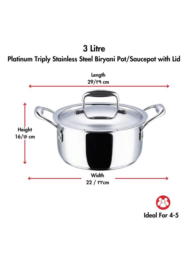 Vinod Platinum Triply Stainless Steel Saucepot with Lid - 3 Litre, 20 cm | 2.5mm Thick | SAS Metal | Biryani Pot | Induction and Gas Base | 5 Year Warranty - Silver
