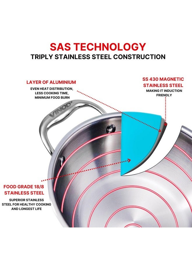 Vinod Platinum Triply Stainless Steel Kadai with Glass Lid (20cm, 1.8L) | 2.5 mm Thick | Triply Kadai with Heavy Bottom | Induction Friendly Triply Stainless Steel Cookware Kadhai | 5 Year Warranty