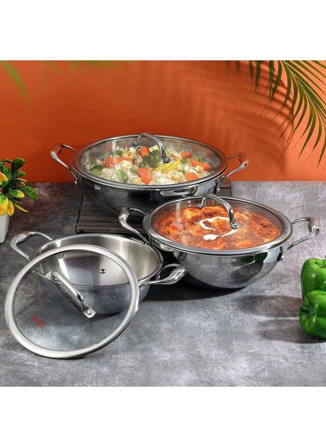 Vinod Platinum Triply Stainless Steel Kadai with Glass Lid (20cm, 1.8L) | 2.5 mm Thick | Triply Kadai with Heavy Bottom | Induction Friendly Triply Stainless Steel Cookware Kadhai | 5 Year Warranty