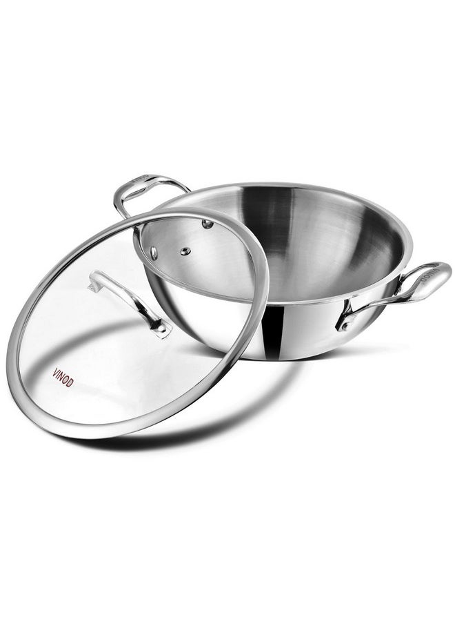 Vinod Platinum Triply Stainless Steel Kadai with Glass Lid (20cm, 1.8L) | 2.5 mm Thick | Triply Kadai with Heavy Bottom | Induction Friendly Triply Stainless Steel Cookware Kadhai | 5 Year Warranty