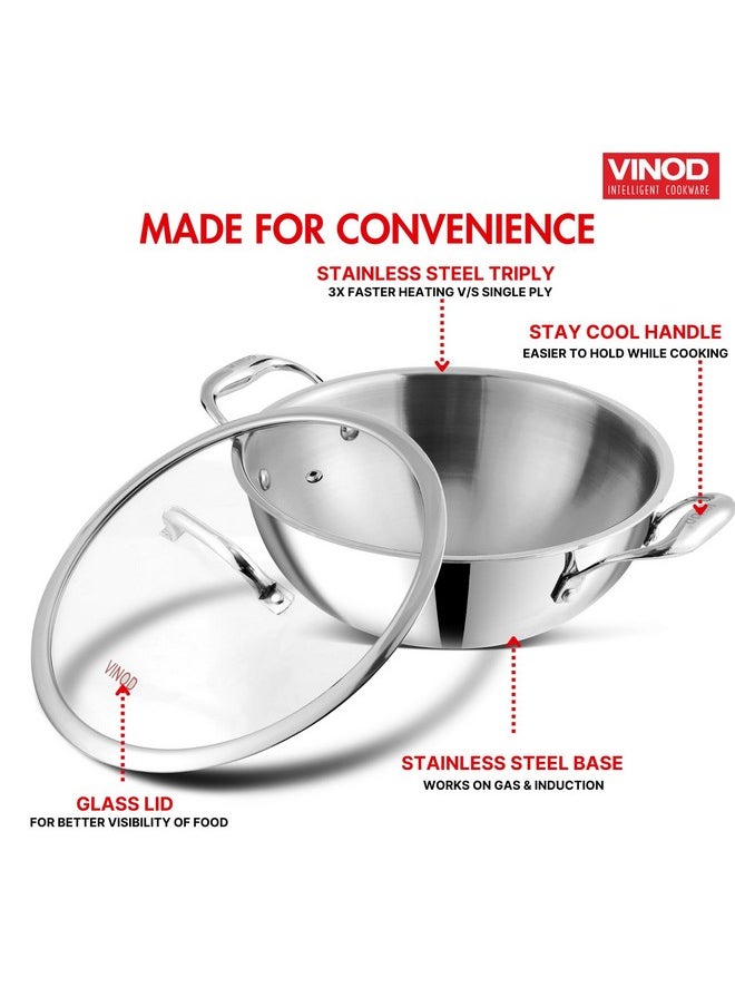 Vinod Platinum Triply Stainless Steel Kadai with Glass Lid (20cm, 1.8L) | 2.5 mm Thick | Triply Kadai with Heavy Bottom | Induction Friendly Triply Stainless Steel Cookware Kadhai | 5 Year Warranty