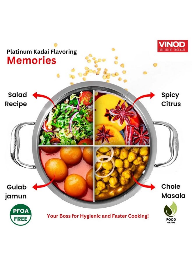 Vinod Platinum Triply Stainless Steel Kadai with Glass Lid (20cm, 1.8L) | 2.5 mm Thick | Triply Kadai with Heavy Bottom | Induction Friendly Triply Stainless Steel Cookware Kadhai | 5 Year Warranty