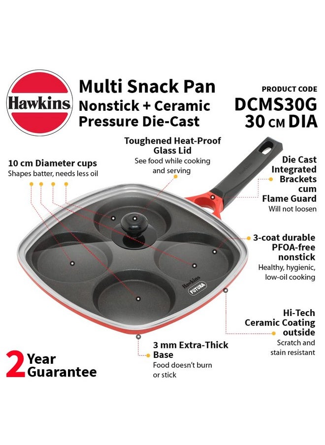 Hawkins 30 cm Die-Cast Multi Snack Pan with Glass Lid, Nonstick Mini Uttapam Tawa, Pancake Pan, Red (DCMS30G)