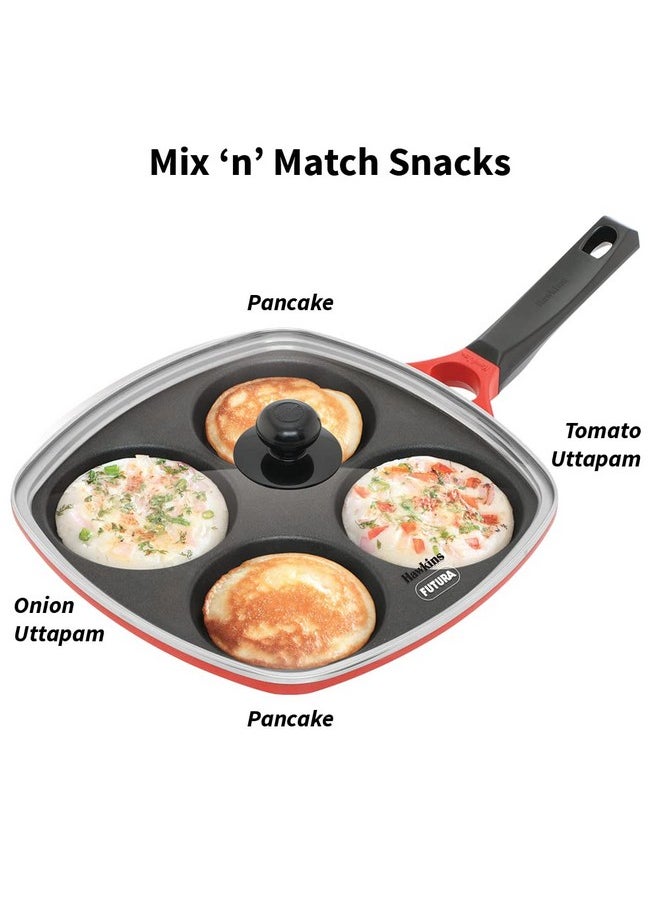 Hawkins 30 cm Die-Cast Multi Snack Pan with Glass Lid, Nonstick Mini Uttapam Tawa, Pancake Pan, Red (DCMS30G)