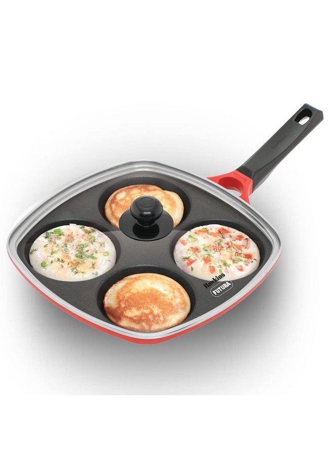 Hawkins 30 cm Die-Cast Multi Snack Pan with Glass Lid, Nonstick Mini Uttapam Tawa, Pancake Pan, Red (DCMS30G)