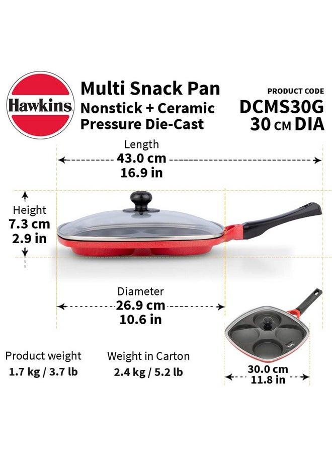 Hawkins 30 cm Die-Cast Multi Snack Pan with Glass Lid, Nonstick Mini Uttapam Tawa, Pancake Pan, Red (DCMS30G)