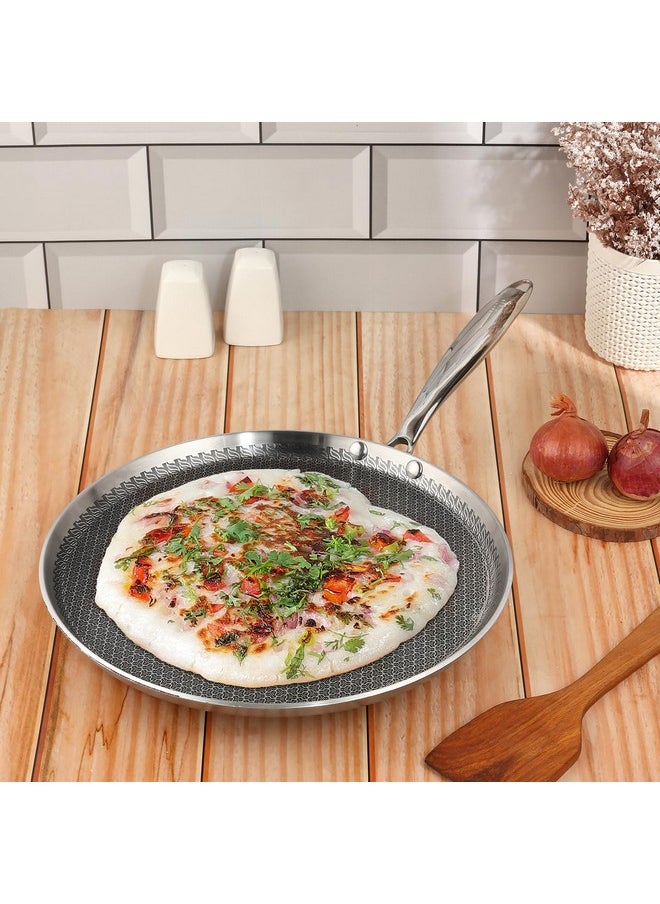 Vinod SAS Pro Platinum Triply Stainless Steel Dosa Tawa - 31 cm | 4.0 mm Thick | Hexa Design | Metal Spoon Friendly | Riveted Handle | Gas, Induction Base | 5-Year Warranty
