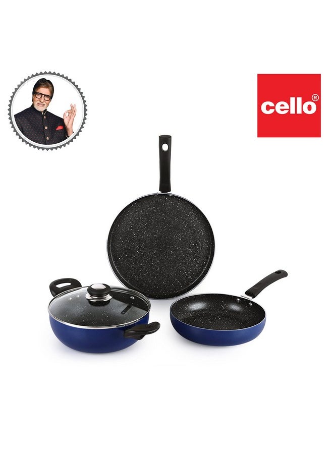 Cello Regal 3 Piece Cookware Set, Induction and Gas Compatible, Metallic Blue | Dosa Tawa, Fry Pan and Kadhai Set | Cookware Set for Kitchen