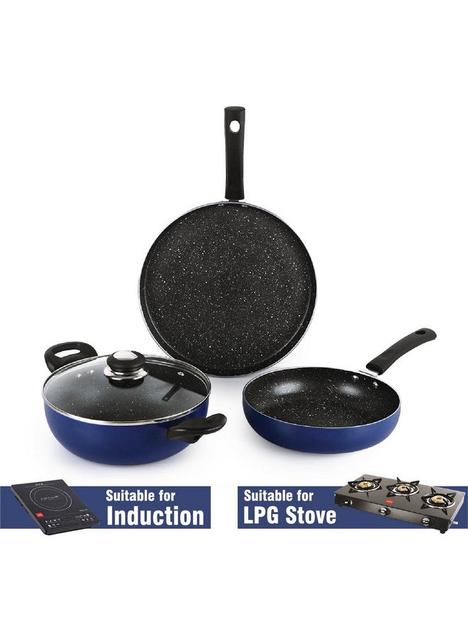 Cello Regal 3 Piece Cookware Set, Induction and Gas Compatible, Metallic Blue | Dosa Tawa, Fry Pan and Kadhai Set | Cookware Set for Kitchen