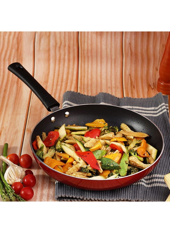 Vinod Popular Aluminium Non Stick Cookware Set Of 3|2.5 Litre Kadhai, 24 Cm Frypan With Common Glass Lid And 25Cm Dosa Tawa|3Mm Thick|Induction & Gas Base|2 Year Warranty, Red