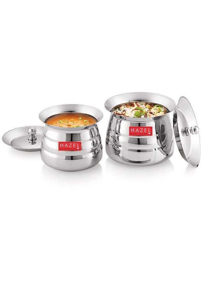 HAZEL Stainless Steel Serving Handi Set of 2 | 500 ml & 850 ml Dal Handi Set for Serving | Serving Handi with Lid | 2 Piece Serving Pot