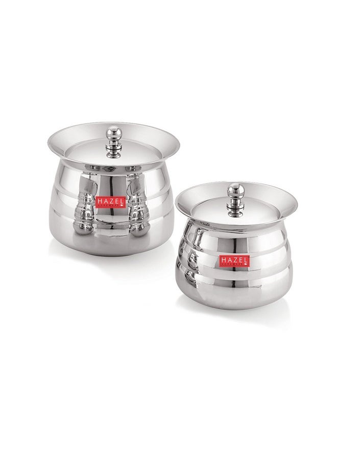 HAZEL Stainless Steel Serving Handi Set of 2 | 500 ml & 850 ml Dal Handi Set for Serving | Serving Handi with Lid | 2 Piece Serving Pot