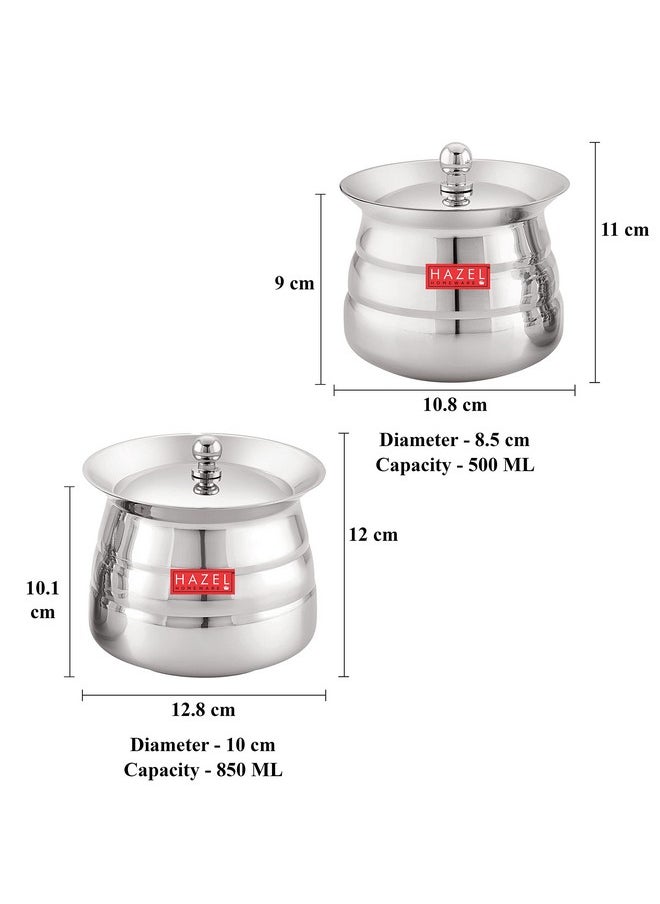 HAZEL Stainless Steel Serving Handi Set of 2 | 500 ml & 850 ml Dal Handi Set for Serving | Serving Handi with Lid | 2 Piece Serving Pot