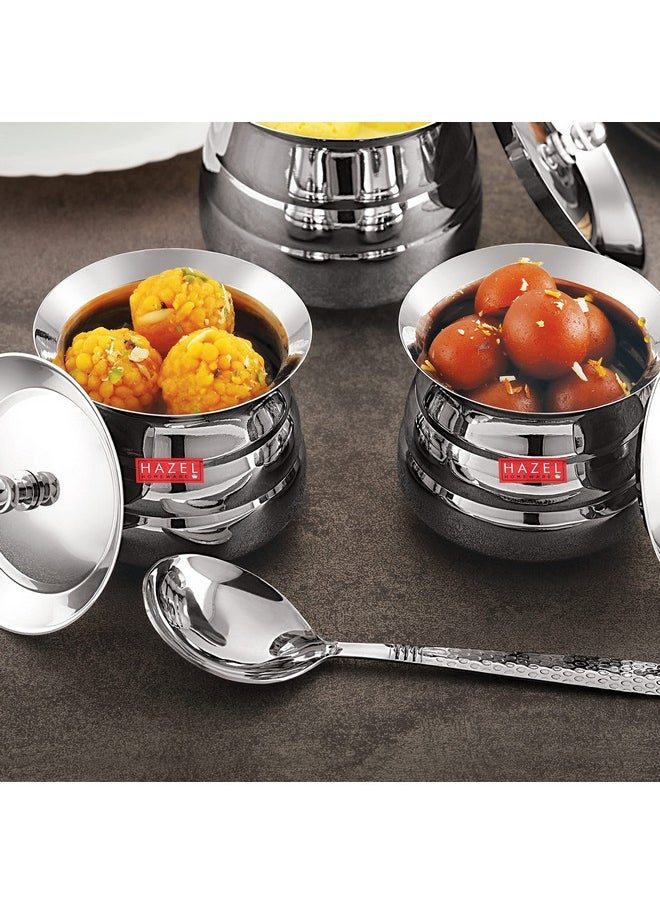 HAZEL Stainless Steel Serving Handi Set of 2 | 500 ml & 850 ml Dal Handi Set for Serving | Serving Handi with Lid | 2 Piece Serving Pot
