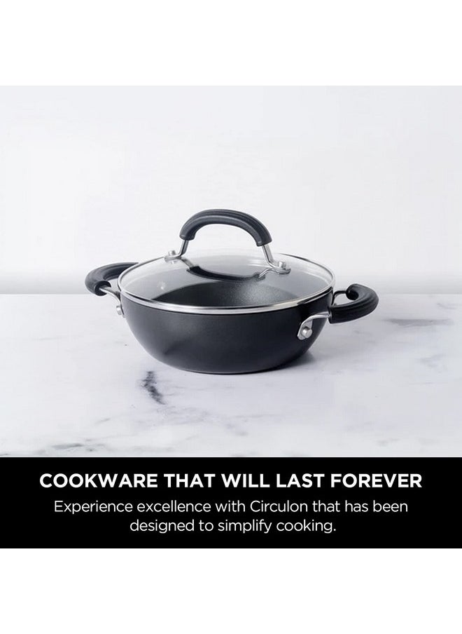 Circulon Origins Non-Stick + Hard Anodized Aluminium Kadhai With Lid And Stay Cool Phenolic Handles / 2.5Mm Thickness/Induction And Gas Suitable, 24Cm Large, 2.4 liter,Black