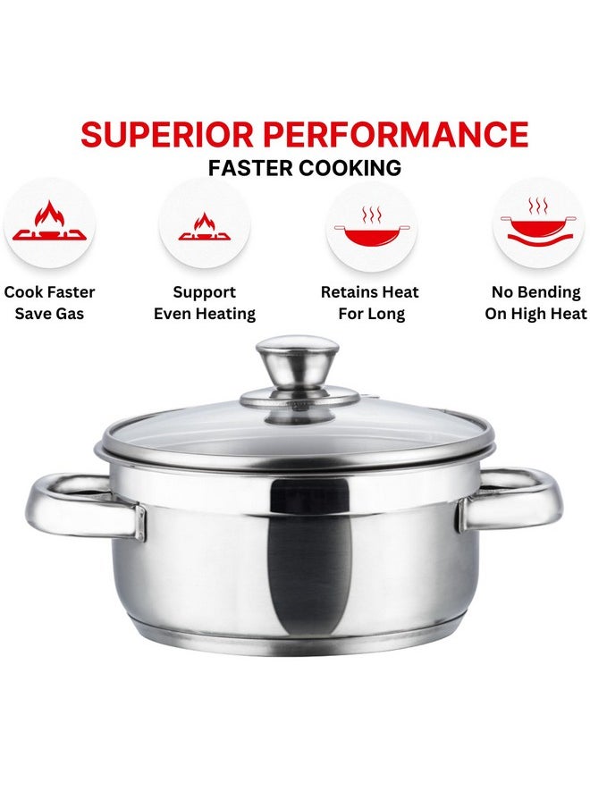 Vinod Bremen Stainless Steel Saucepot Set of 3 with Glass Lid | 2.5mm Thick Base | Riveted Sturdy Handle | 2 Year Warranty | Induction and Gas Base - Silver