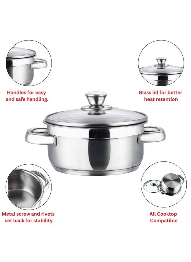 Vinod Bremen Stainless Steel Saucepot Set of 3 with Glass Lid | 2.5mm Thick Base | Riveted Sturdy Handle | 2 Year Warranty | Induction and Gas Base - Silver