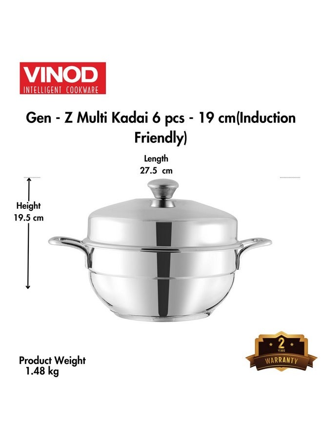 Vinod Gen-Z Stainless Steel Multi Kadai with 6 Plates - 19 cm| 2 Idli, 2 Dhokla and 1 Patra Plate | All in One Multi Purpose Kadhai | Induction and Gas Base | Small - 2 Year Warranty