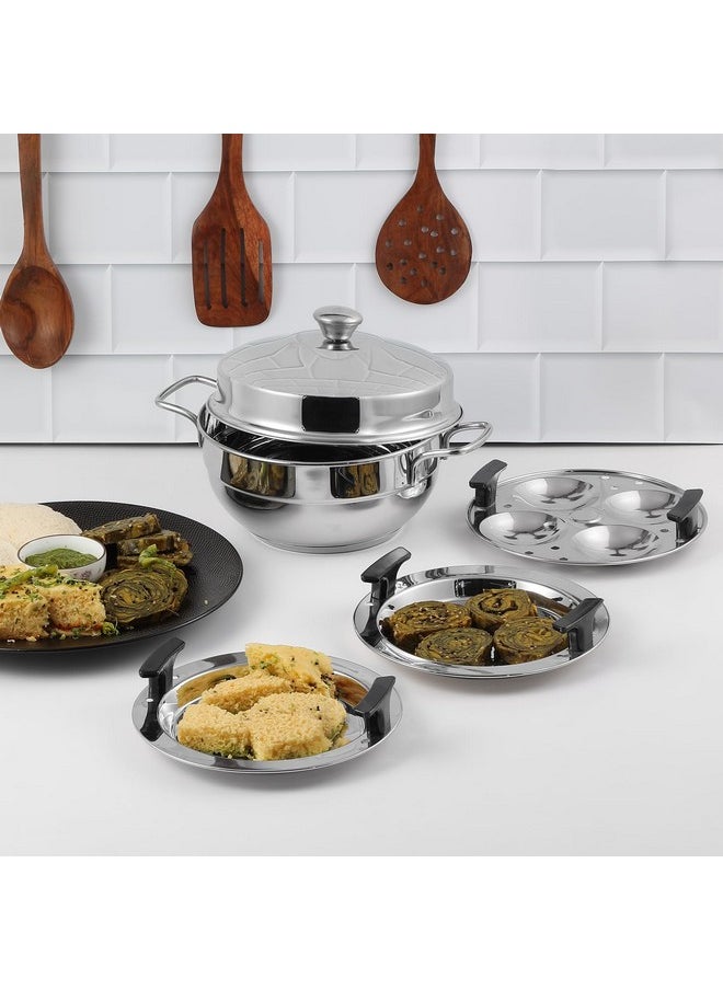 Vinod Gen-Z Stainless Steel Multi Kadai with 6 Plates - 19 cm| 2 Idli, 2 Dhokla and 1 Patra Plate | All in One Multi Purpose Kadhai | Induction and Gas Base | Small - 2 Year Warranty