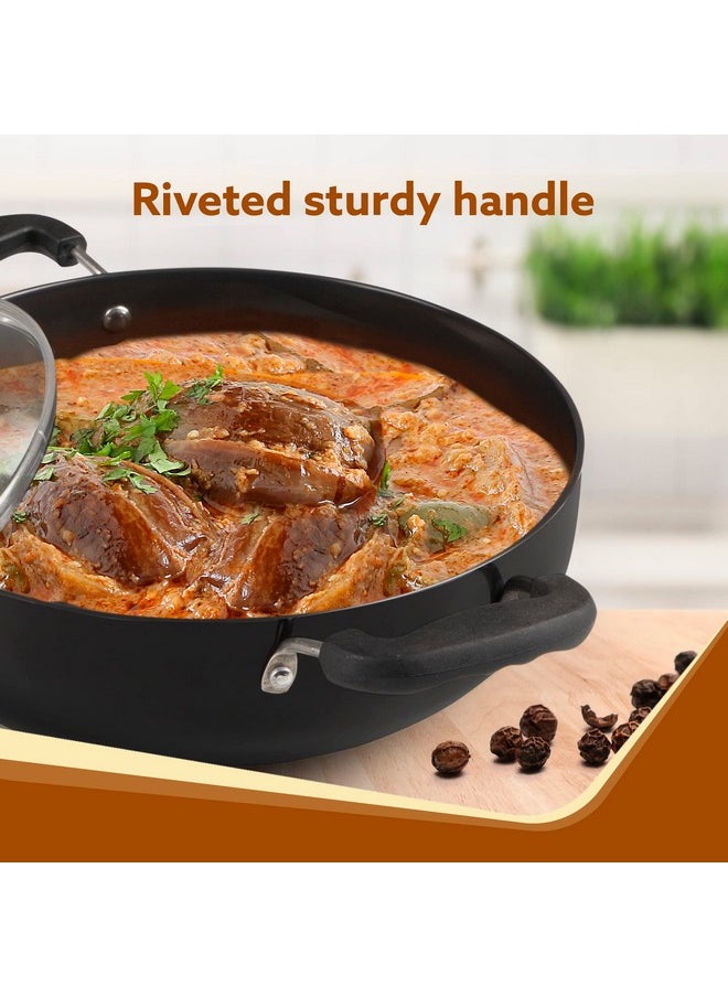 AGARO Elite Hard Anodised Kadhai with Glass Lid, 3.85L Capacity, 28 cm Diameter, Gas Oven Compatible, Riveted Handle, 3mm Thick Plate, Cooking, Frying, Serving, Black