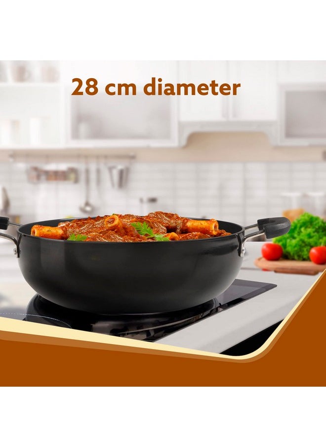 AGARO Elite Hard Anodised Kadhai with Glass Lid, 3.85L Capacity, 28 cm Diameter, Gas Oven Compatible, Riveted Handle, 3mm Thick Plate, Cooking, Frying, Serving, Black