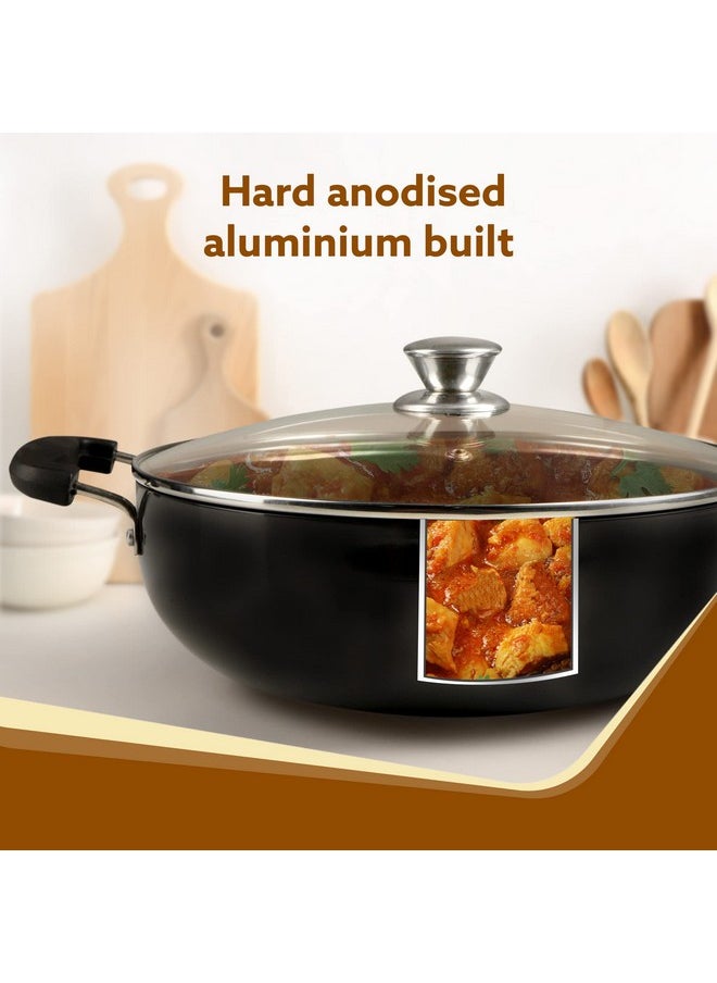 AGARO Elite Hard Anodised Kadhai with Glass Lid, 3.85L Capacity, 28 cm Diameter, Gas Oven Compatible, Riveted Handle, 3mm Thick Plate, Cooking, Frying, Serving, Black